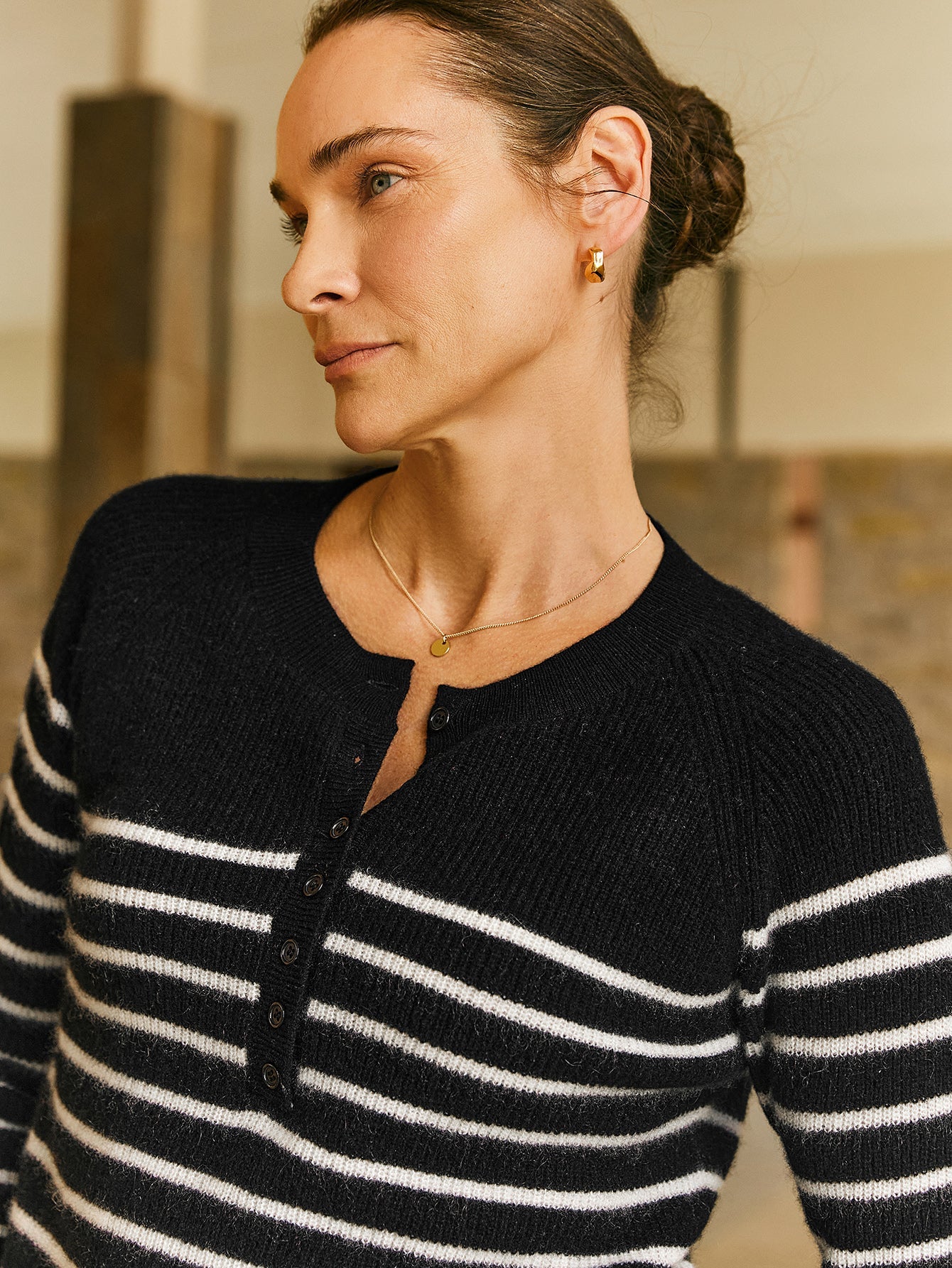 100% Cashmere Henley Neck Striped Sweater - Callalina