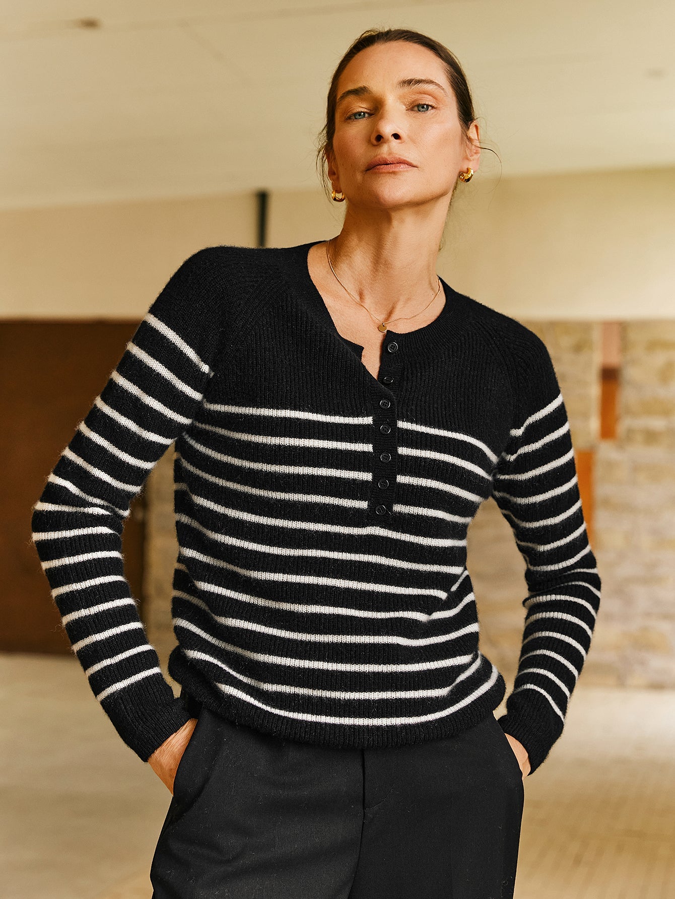 100% Cashmere Henley Neck Striped Sweater - Callalina