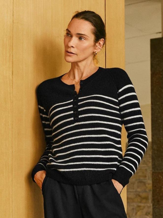 100% Cashmere Henley Neck Striped Sweater - Callalina