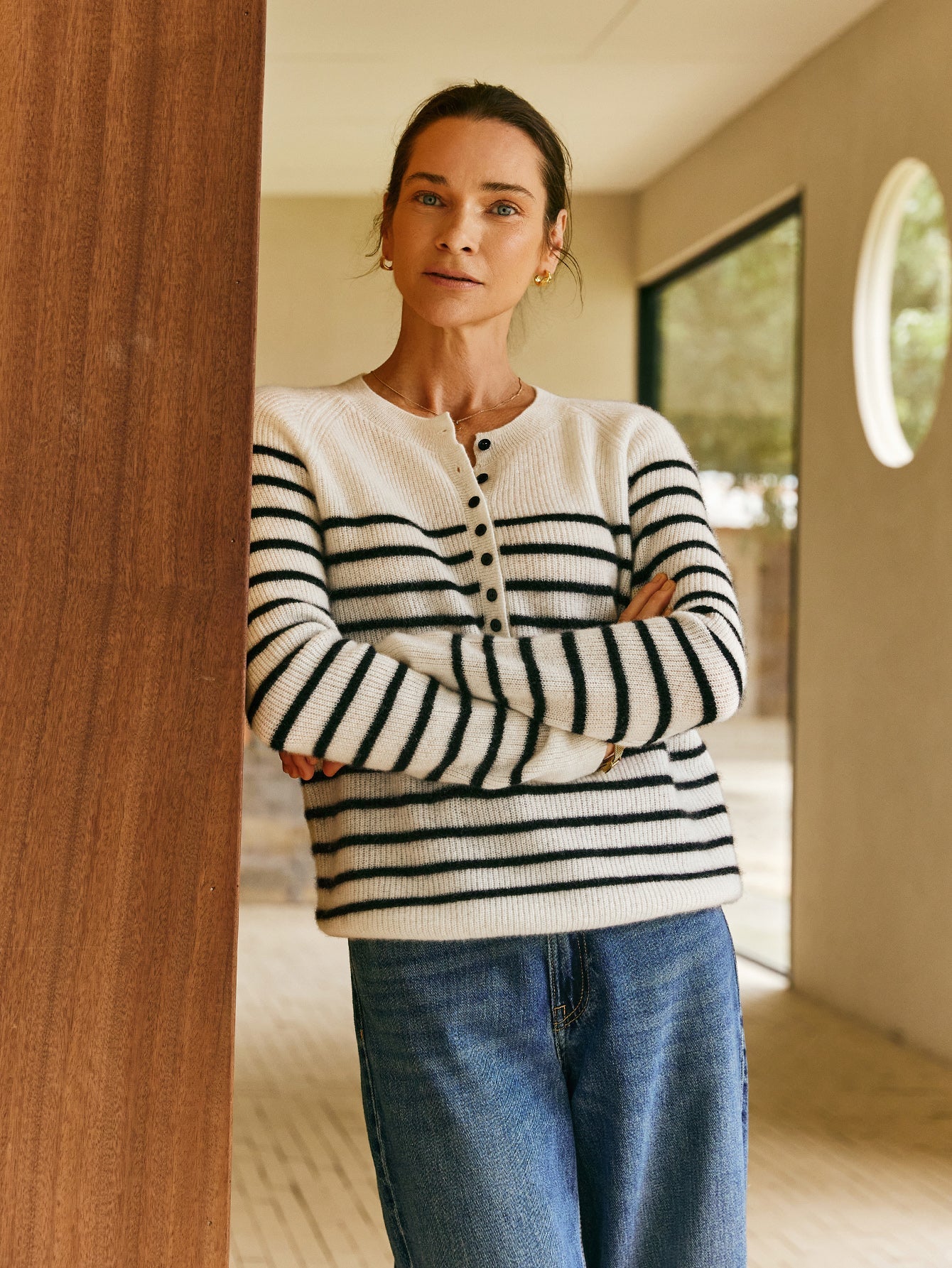 100% Cashmere Henley Neck Striped Sweater - Callalina