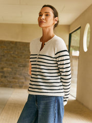 100% Cashmere Henley Neck Striped Sweater - Callalina