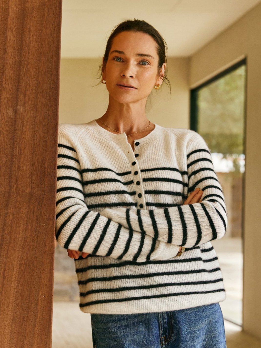 100% Cashmere Henley Neck Striped Sweater - Callalina