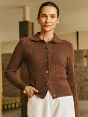 100% Cashmere Spread Collar Textured Cardigan - Callalina