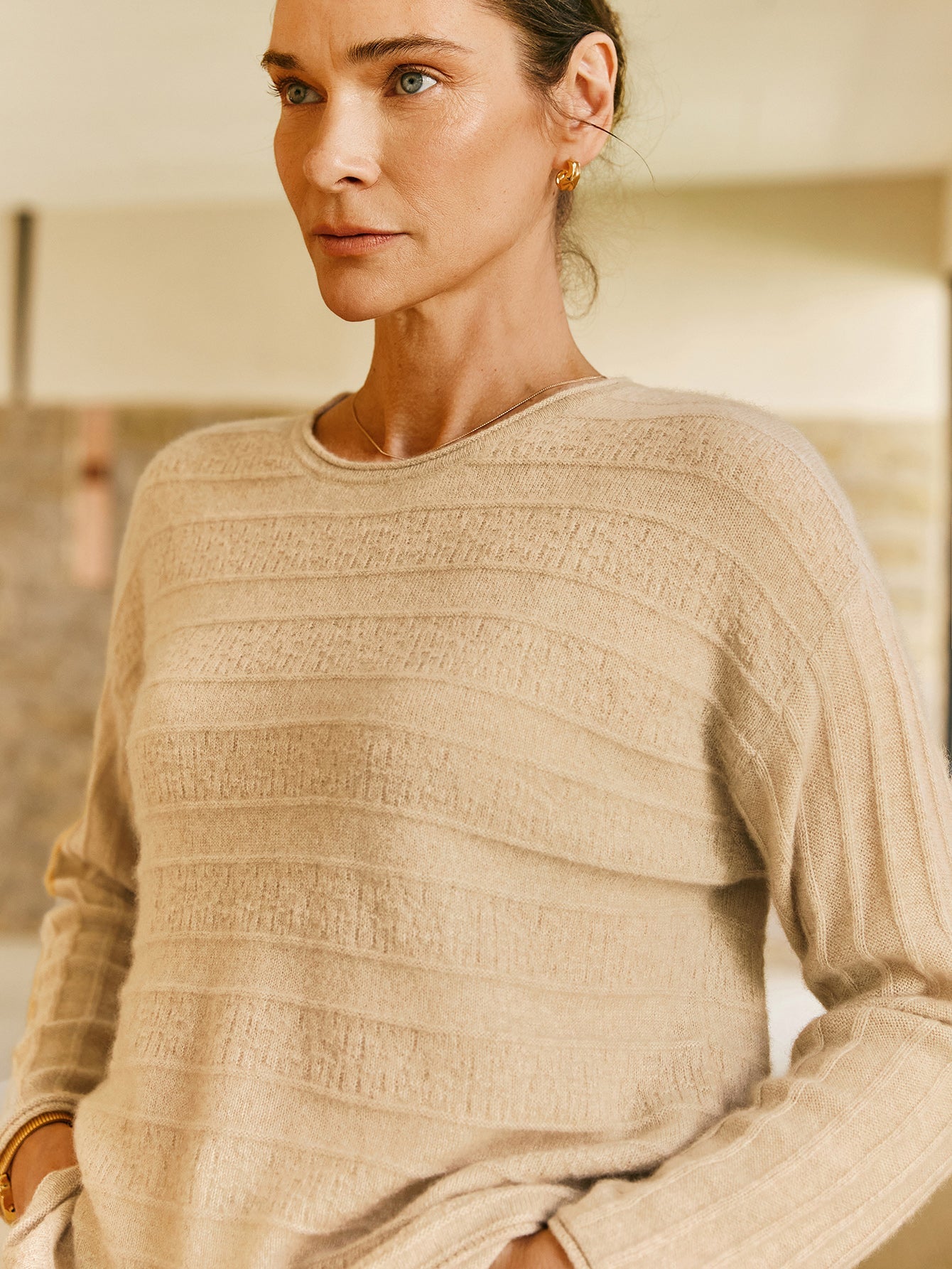 100% Cashmere Striped Drop Shoulders Sweater - Callalina