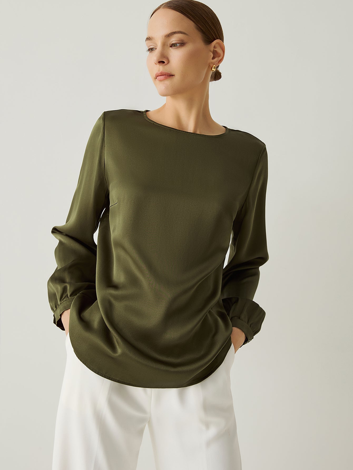 100% Silk Bishop Sleeves Loose Fit Blouse - Callalina