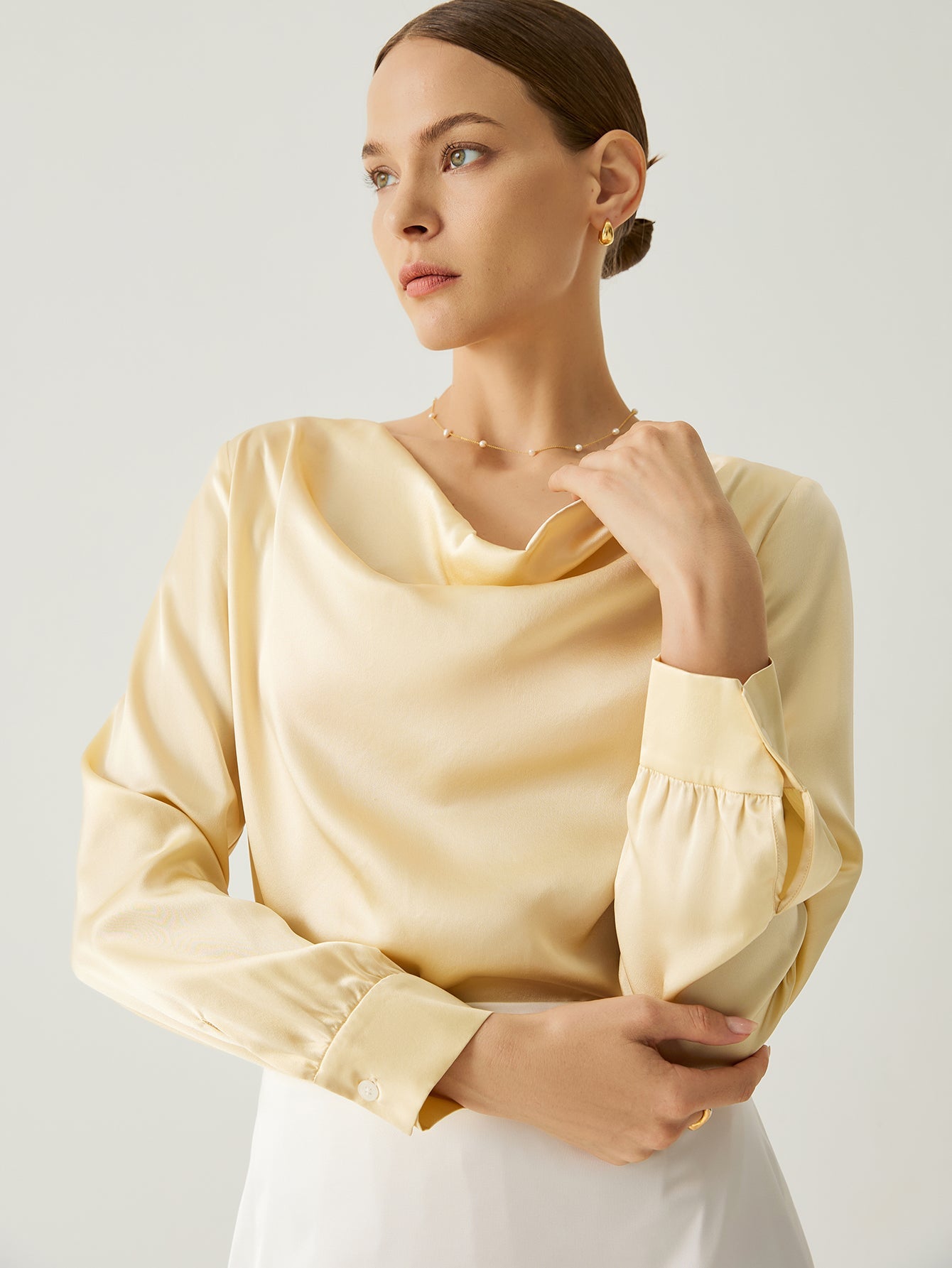 100% Silk Cowl Neck Bishop Sleeves Blouse - Callalina