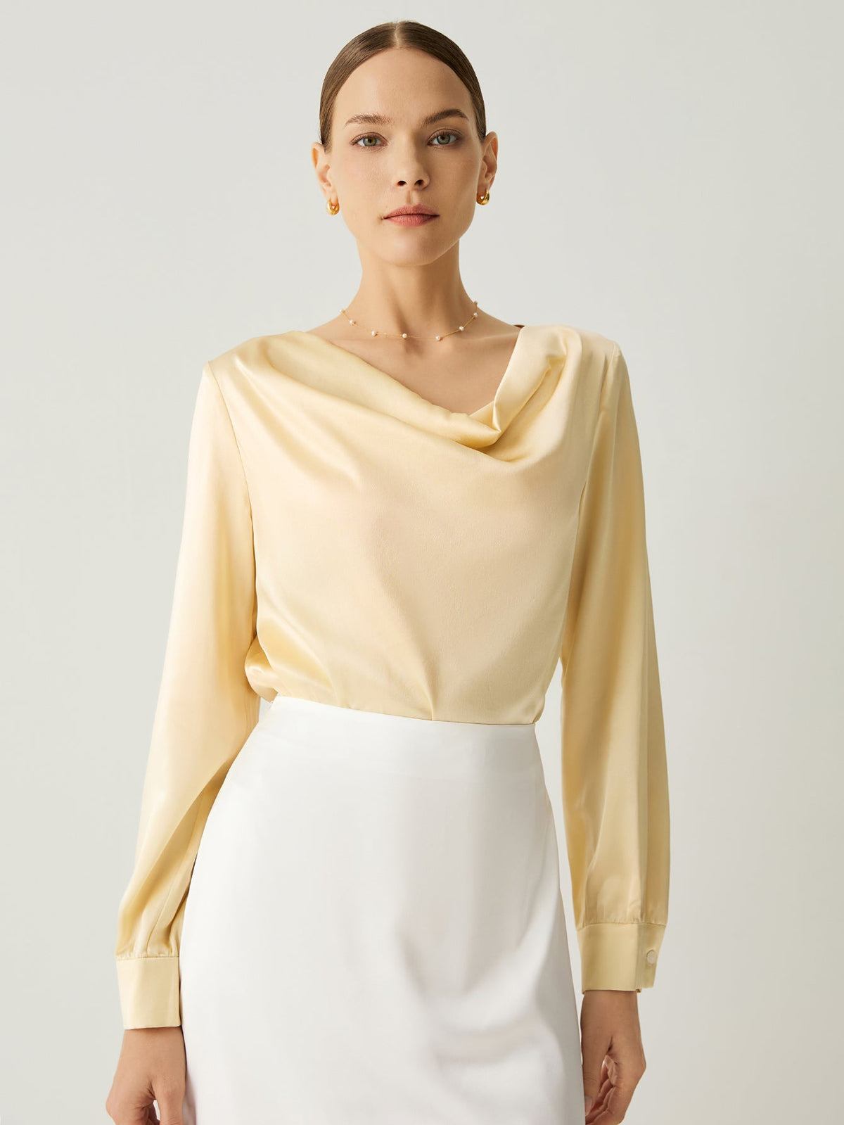 100% Silk Cowl Neck Bishop Sleeves Blouse - Callalina