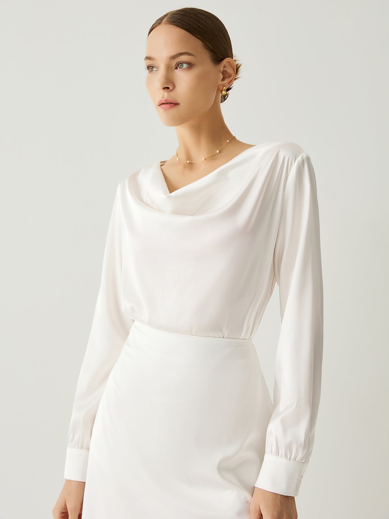 100% Silk Cowl Neck Bishop Sleeves Blouse - Callalina