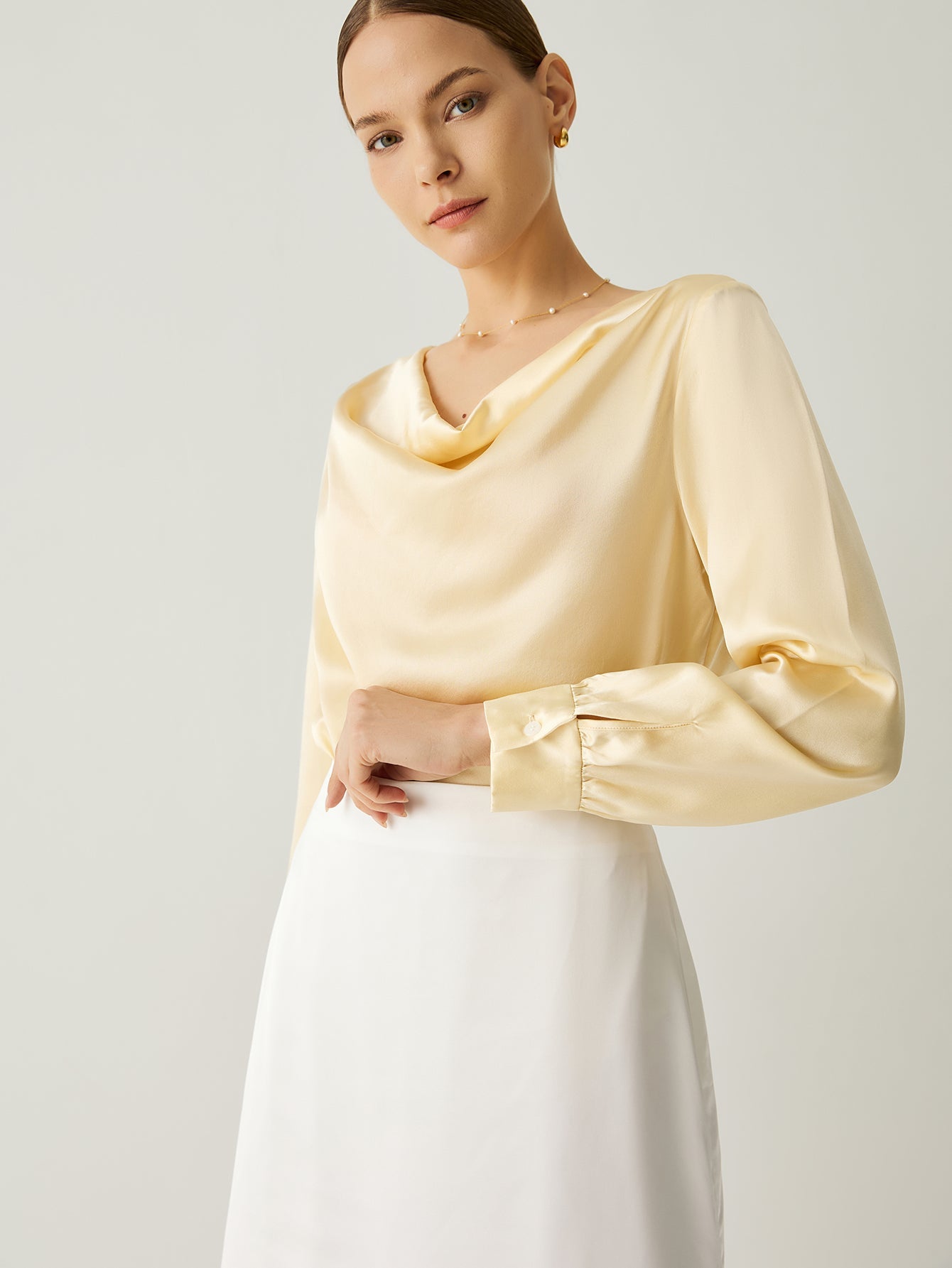 100% Silk Cowl Neck Bishop Sleeves Blouse - Callalina