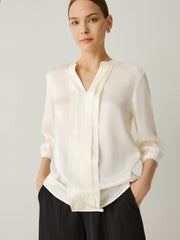 100% Silk Embellished Panel 3/4 Sleeves Blouse - Callalina