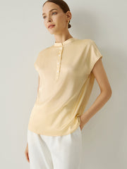 100% Silk Henley Neck Cap Sleeves Blouse - Callalina