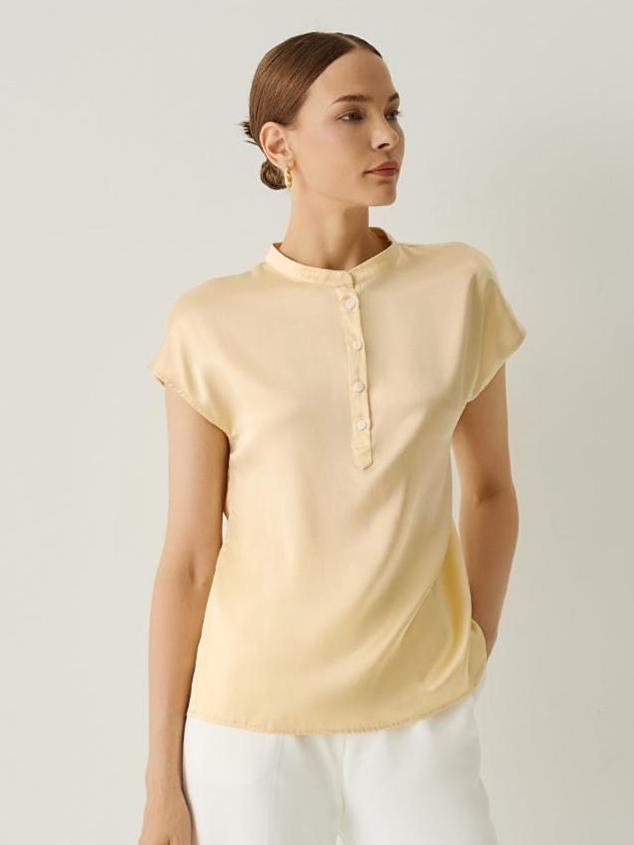 100% Silk Henley Neck Cap Sleeves Blouse - Callalina