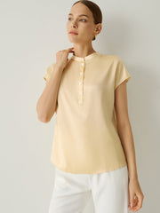 100% Silk Henley Neck Cap Sleeves Blouse - Callalina