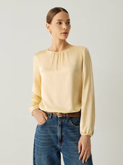 100% Silk Pleated Neck Bishop Sleeves Blouse - Callalina