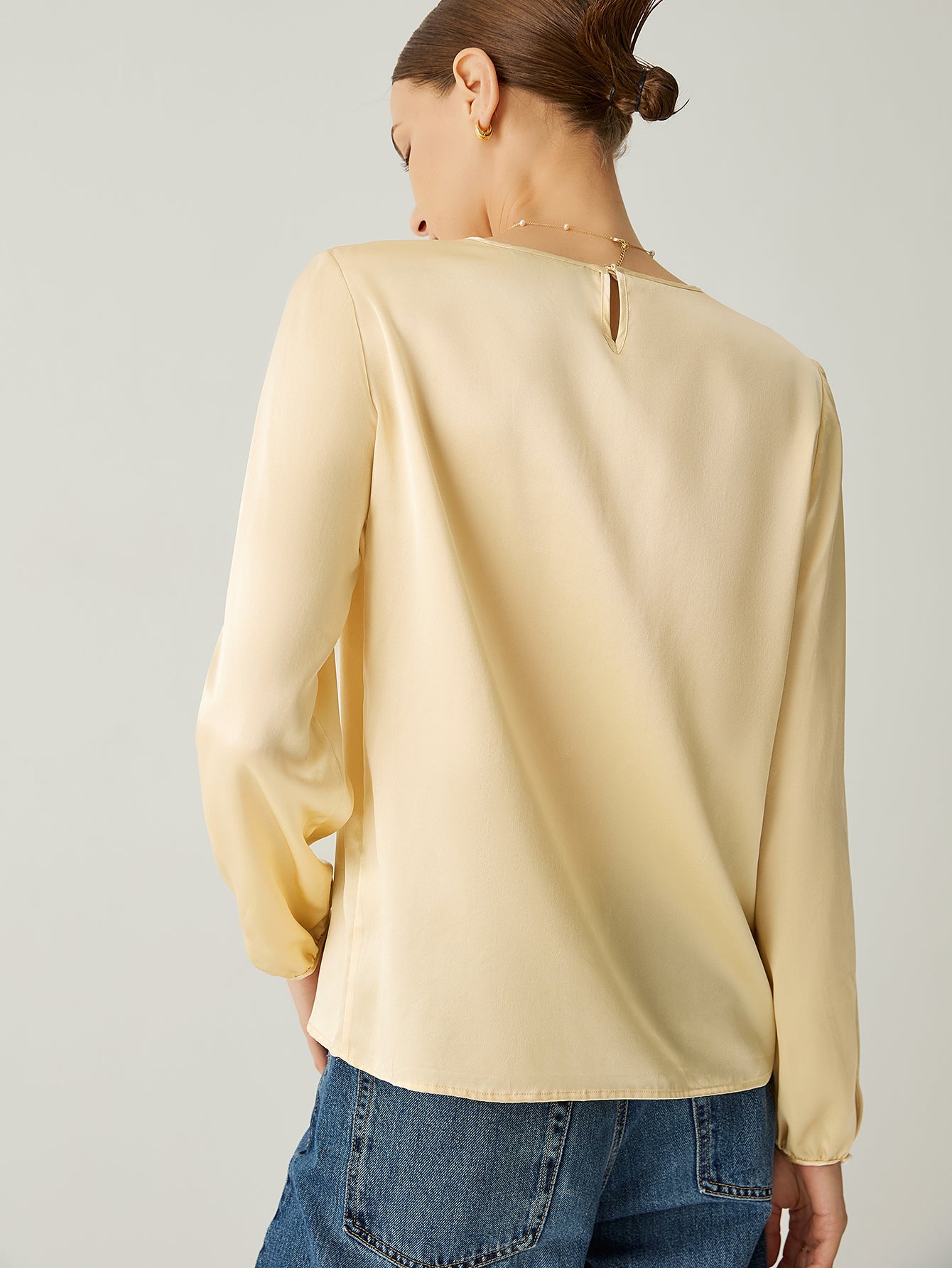 100% Silk Pleated Neck Bishop Sleeves Blouse - Callalina