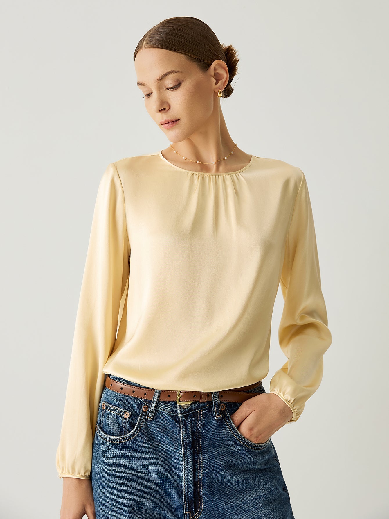 100% Silk Pleated Neck Bishop Sleeves Blouse - Callalina