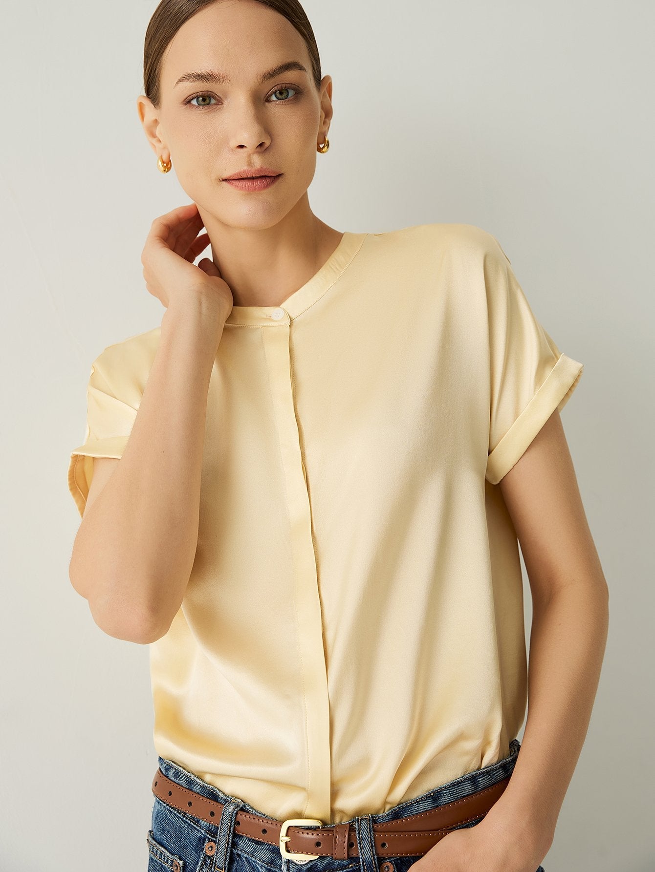 100% Silk Roll - Up Cuffs Short Sleeves Blouse - Callalina