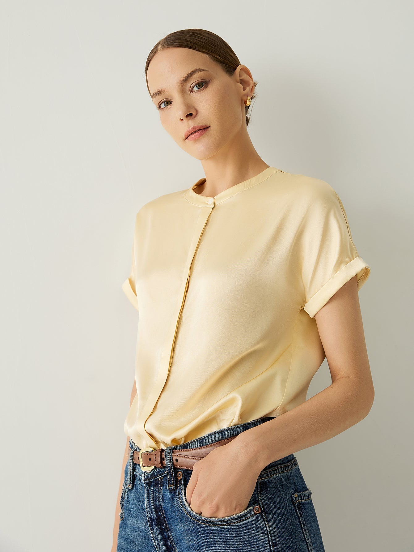 100% Silk Roll - Up Cuffs Short Sleeves Blouse - Callalina