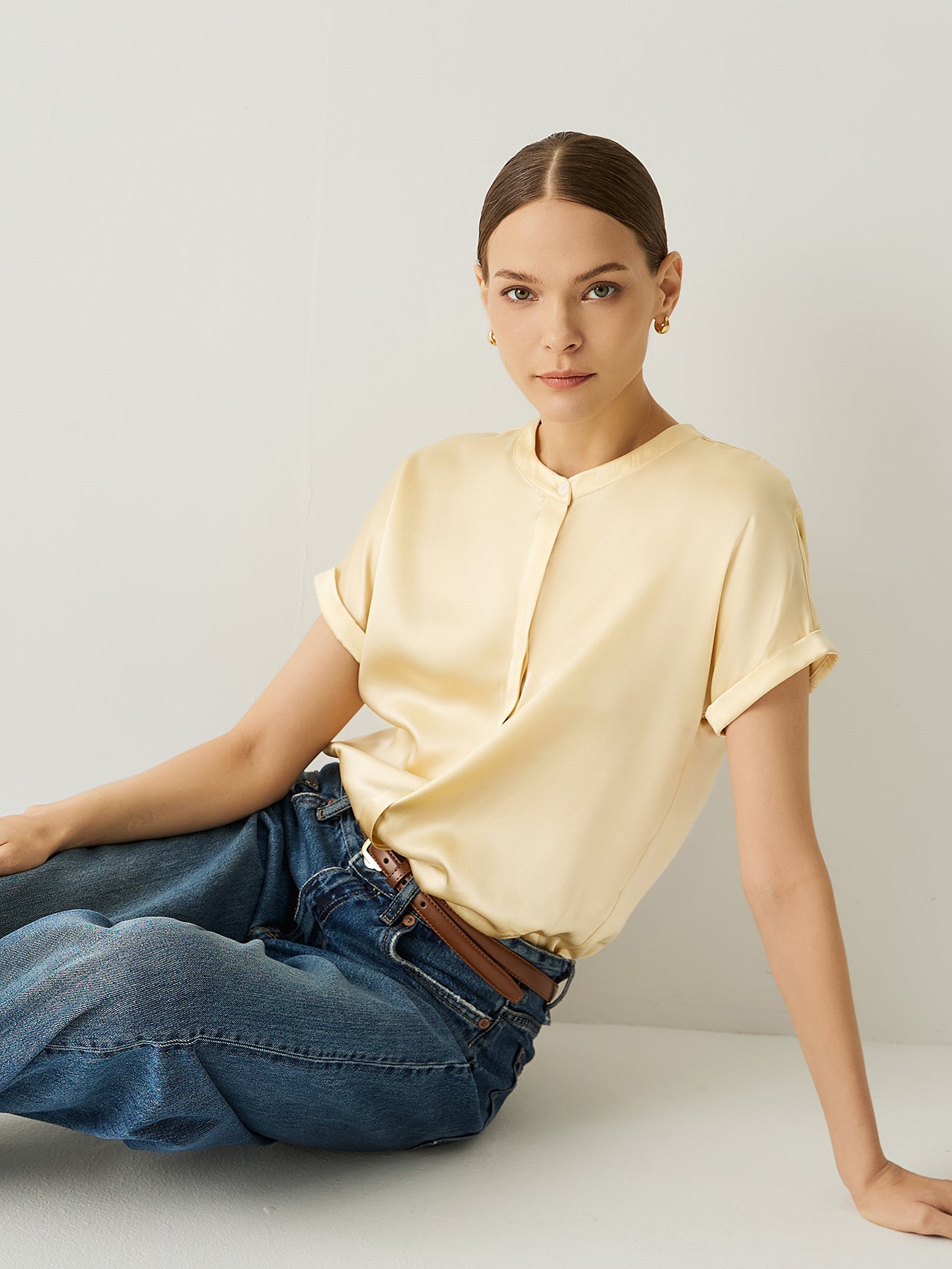 100% Silk Roll - Up Cuffs Short Sleeves Blouse - Callalina