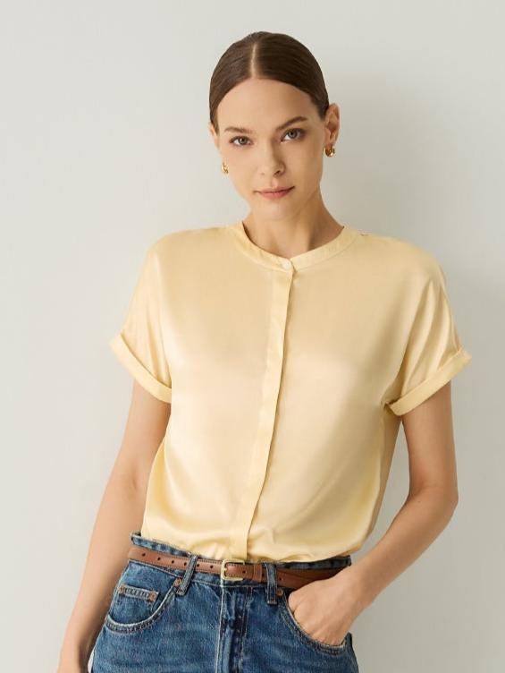 100% Silk Roll - Up Cuffs Short Sleeves Blouse - Callalina