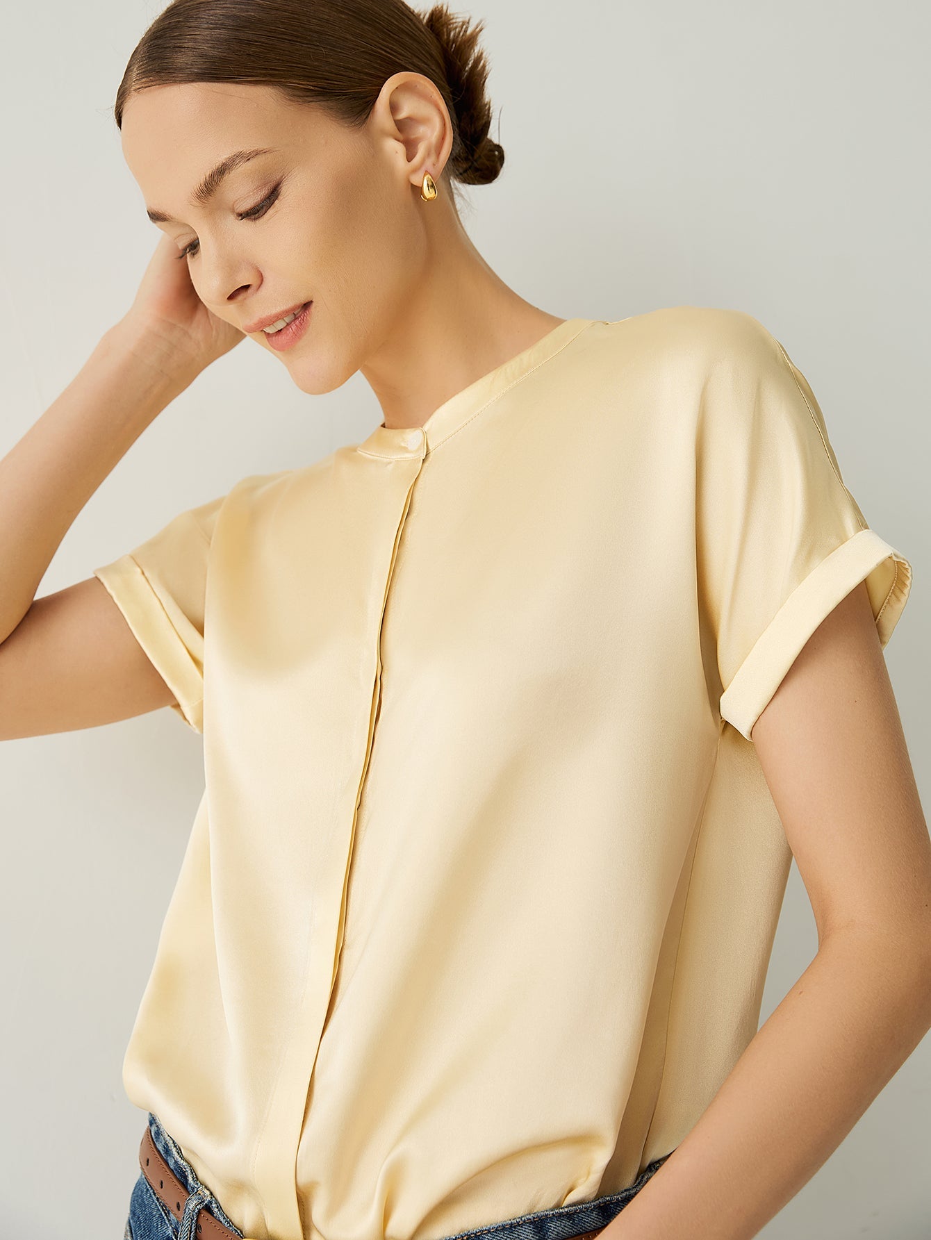 100% Silk Roll - Up Cuffs Short Sleeves Blouse - Callalina