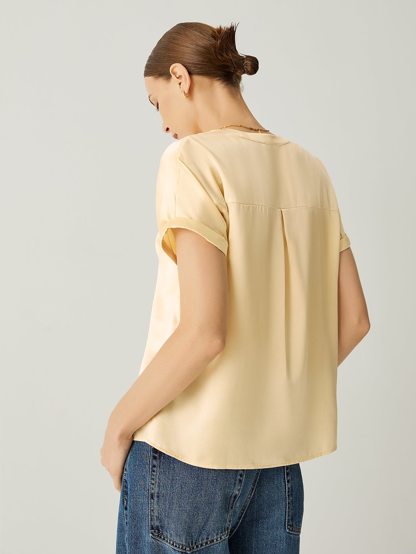 100% Silk Roll - Up Cuffs Short Sleeves Blouse - Callalina