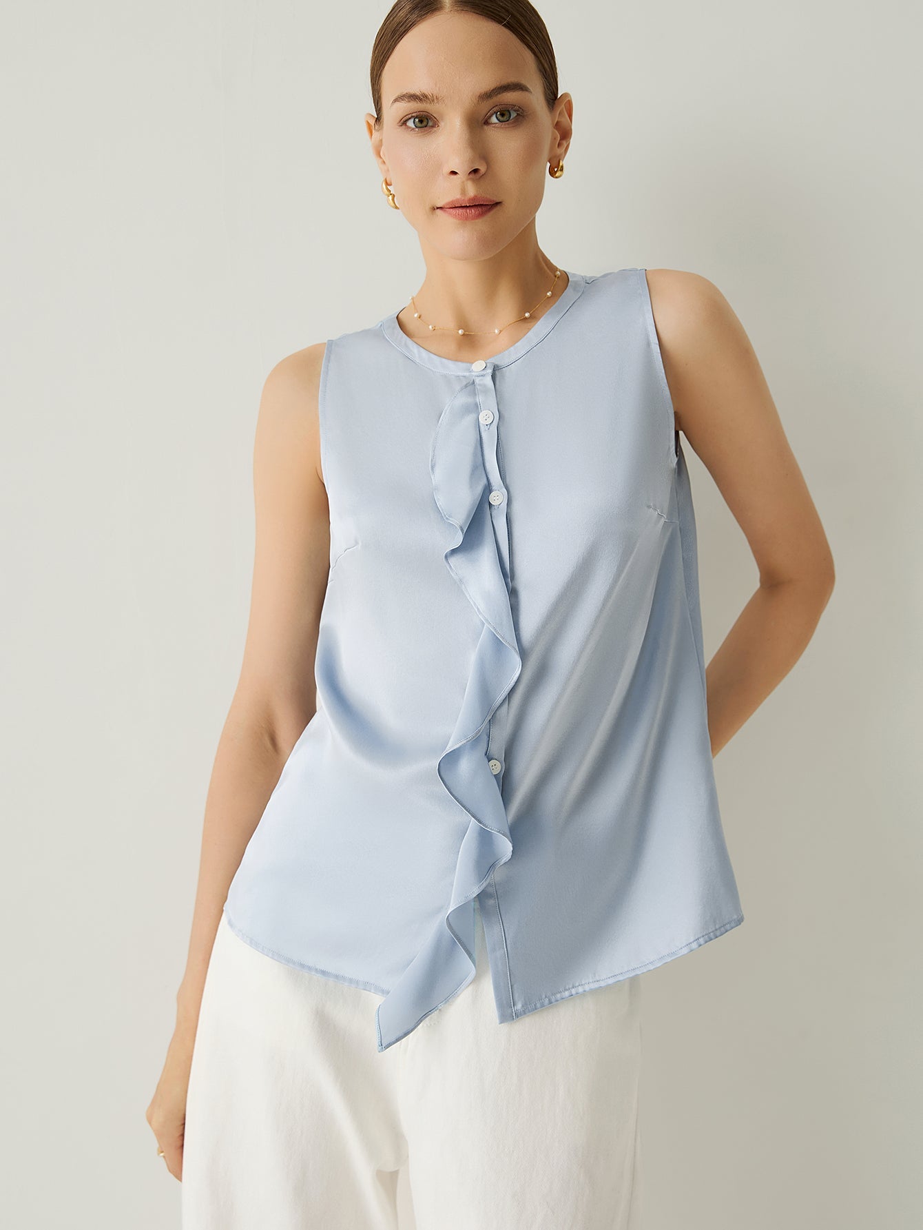 100% Silk Ruffle Deco Round Neck Sleeveless Blouse - Callalina