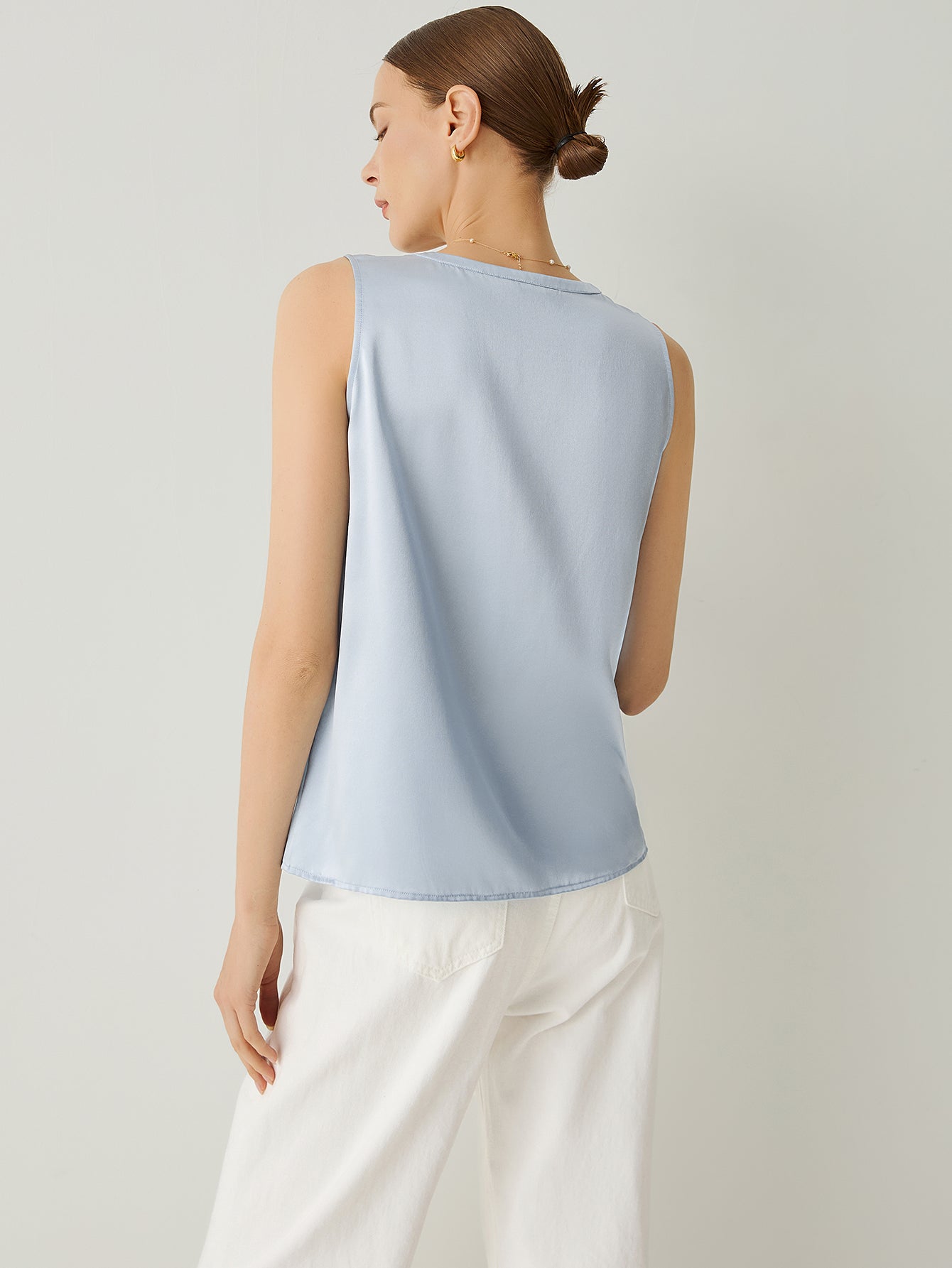 100% Silk Ruffle Deco Round Neck Sleeveless Blouse - Callalina