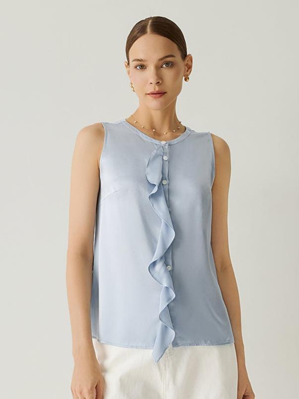 100% Silk Ruffle Deco Round Neck Sleeveless Blouse - Callalina