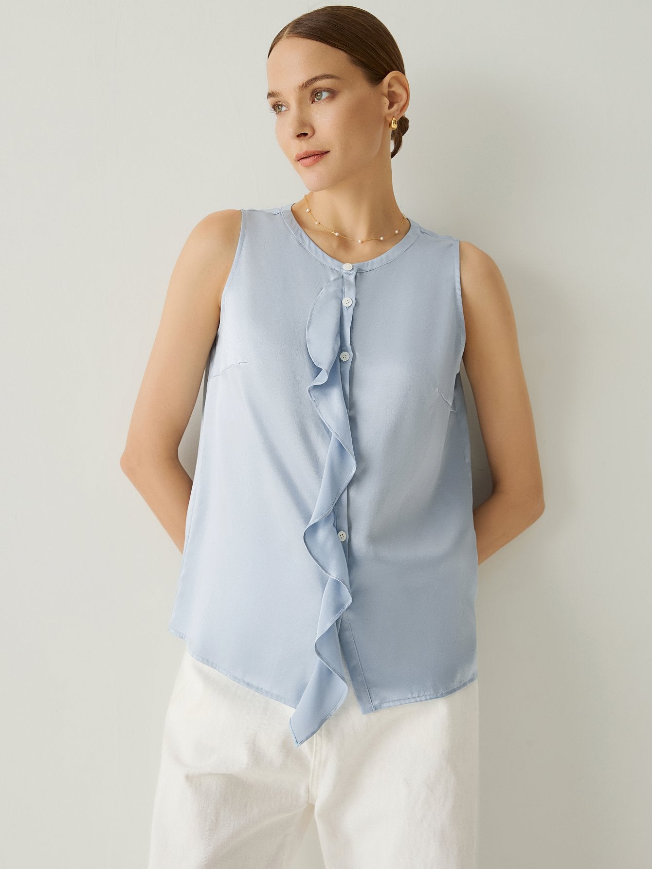 100% Silk Ruffle Deco Round Neck Sleeveless Blouse - Callalina