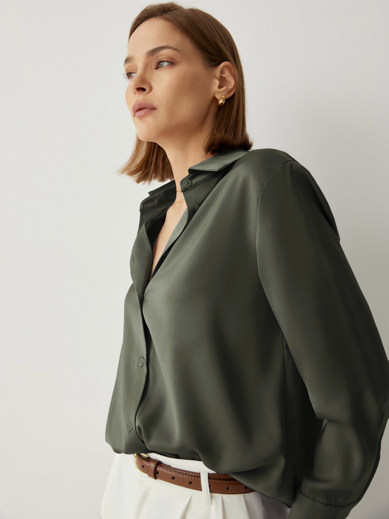 100% Silk Spread Collar Long Sleeves Blouse - Callalina