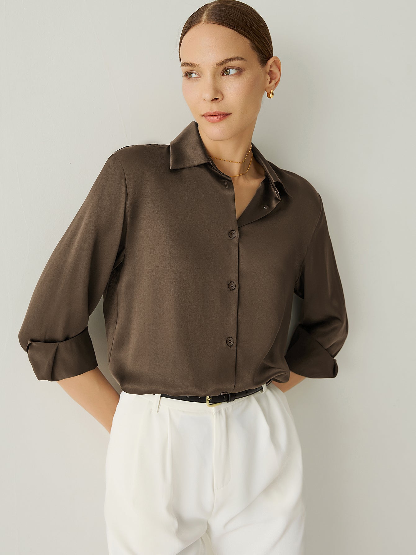 100% Silk Spread Collar Long Sleeves Blouse - Callalina