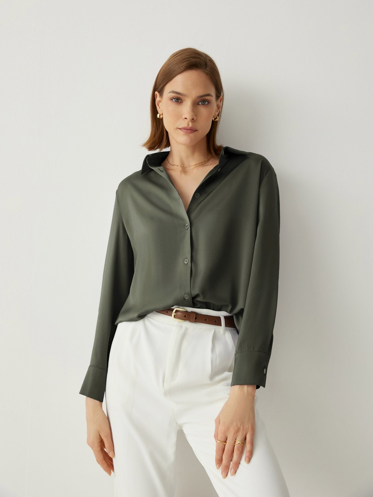 100% Silk Spread Collar Long Sleeves Blouse - Callalina