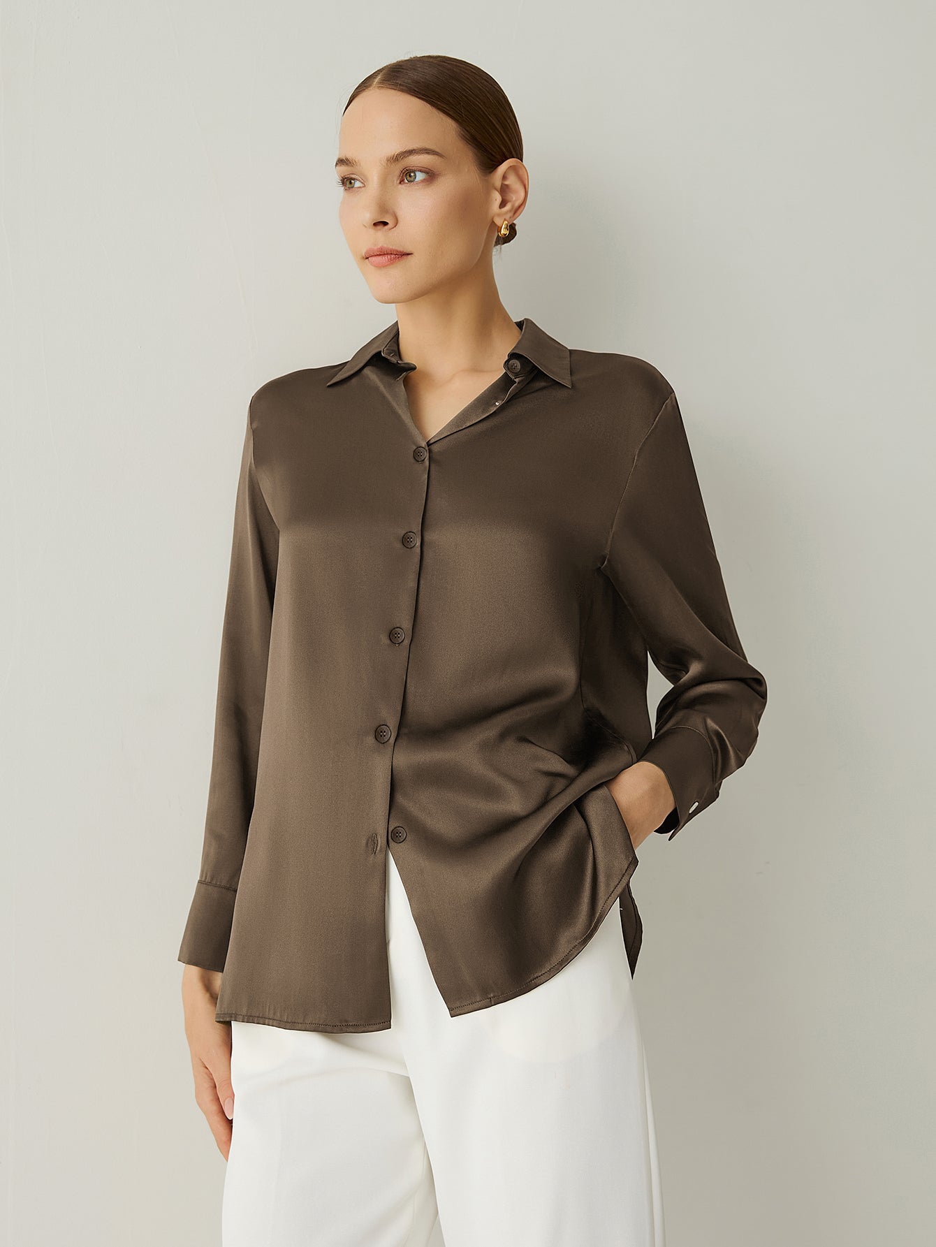 100% Silk Spread Collar Long Sleeves Blouse - Callalina