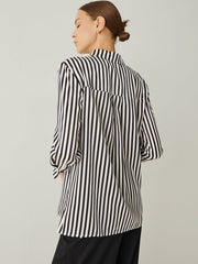 100% Silk Striped Spread Collar Long Sleeves Blouse - Callalina