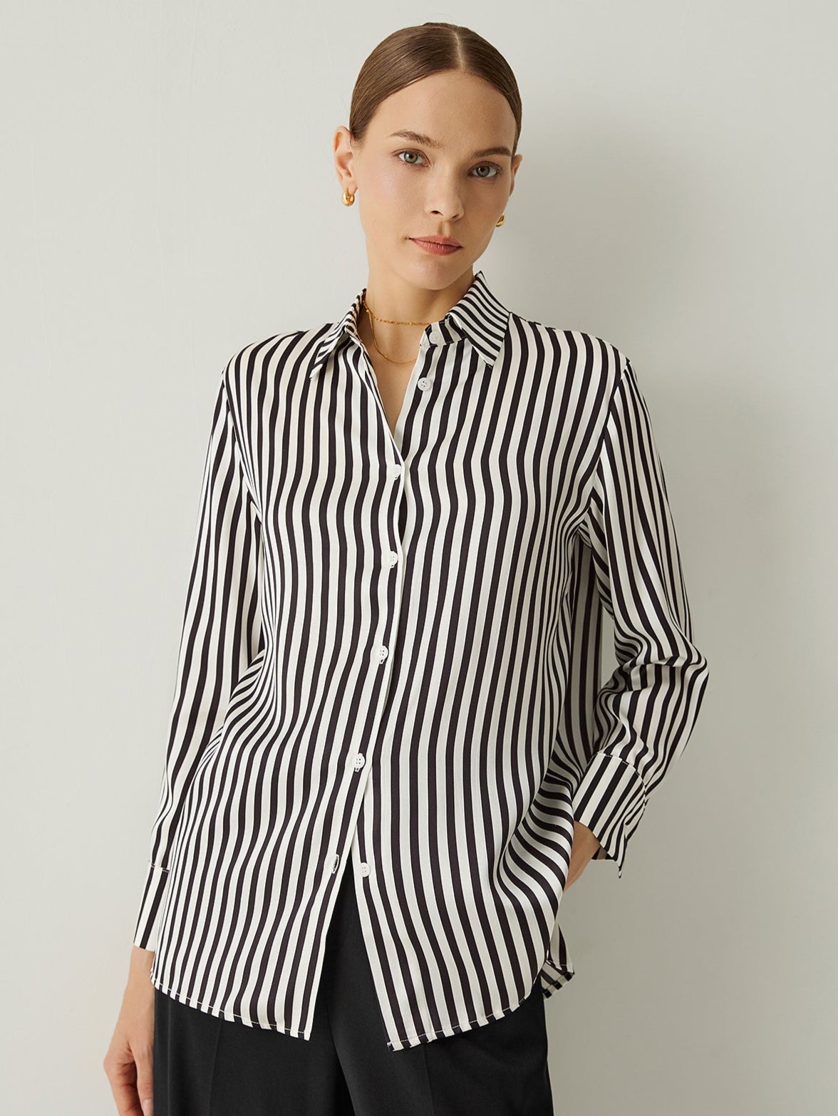 100% Silk Striped Spread Collar Long Sleeves Blouse - Callalina