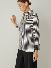 100% Silk Striped Spread Collar Long Sleeves Blouse - Callalina