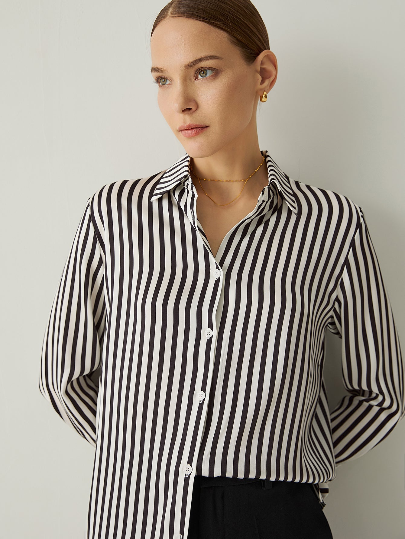 100% Silk Striped Spread Collar Long Sleeves Blouse - Callalina