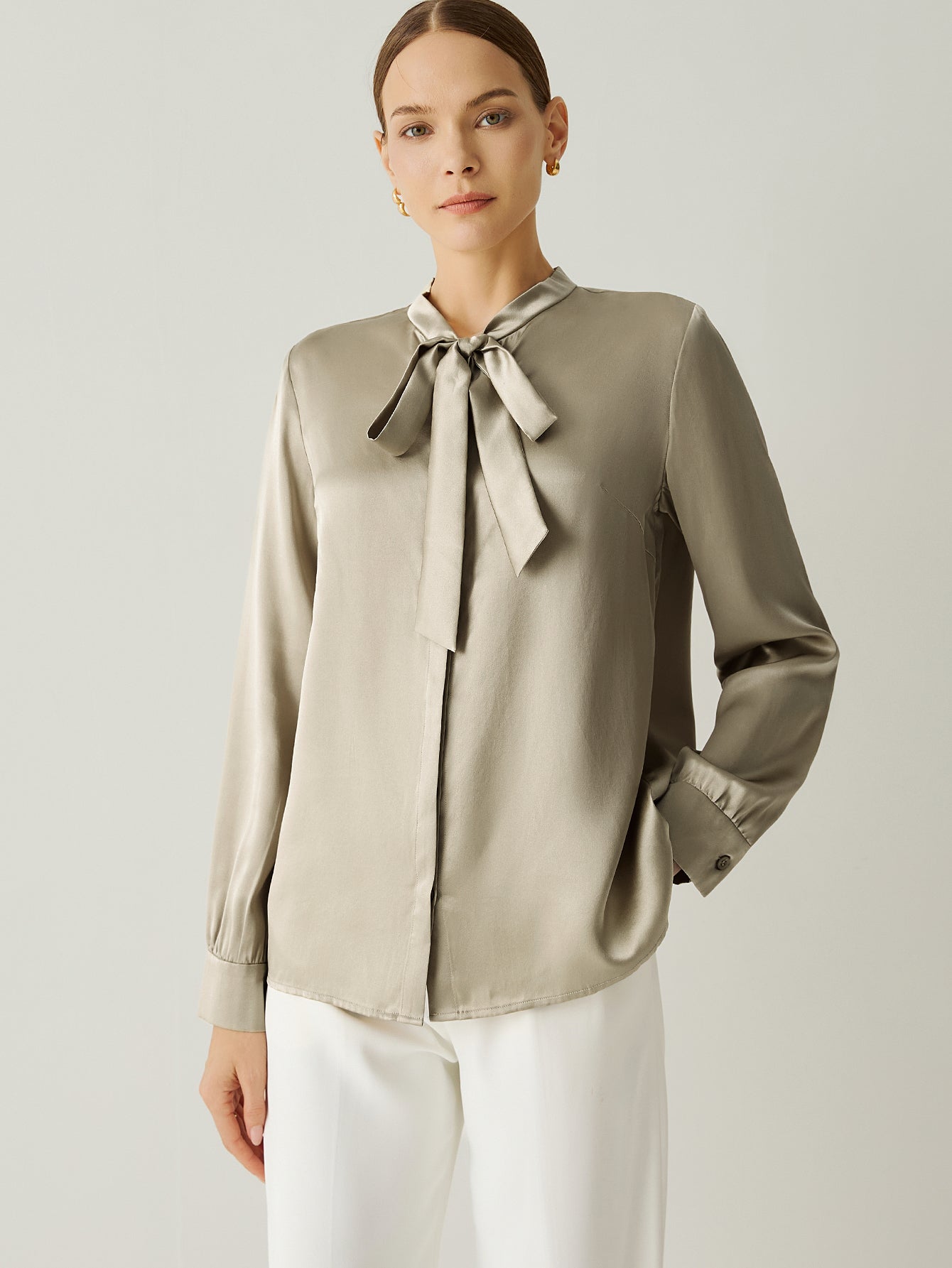 100% Silk Tie Neck Bishop Sleeves Blouse - Callalina