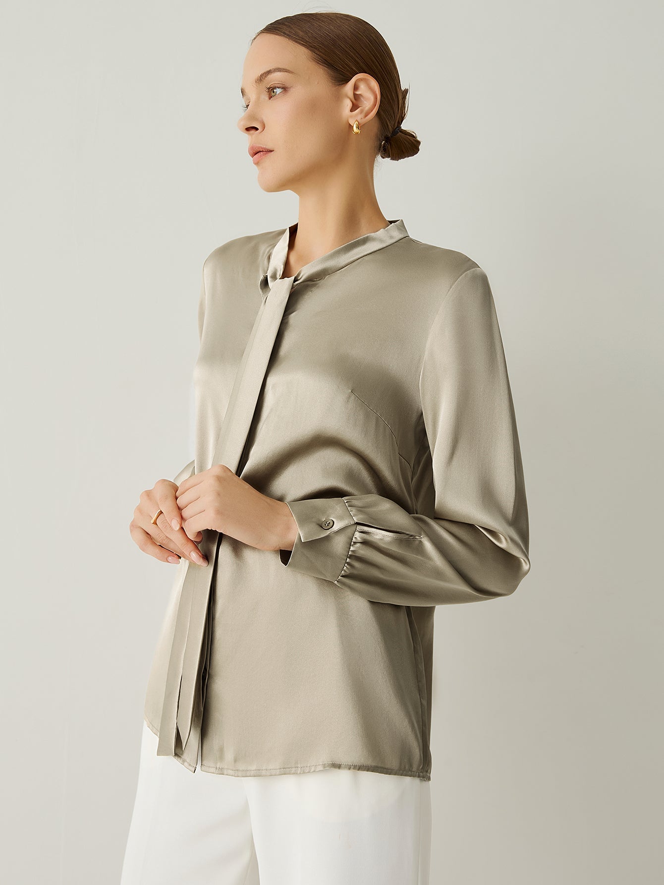 100% Silk Tie Neck Bishop Sleeves Blouse - Callalina