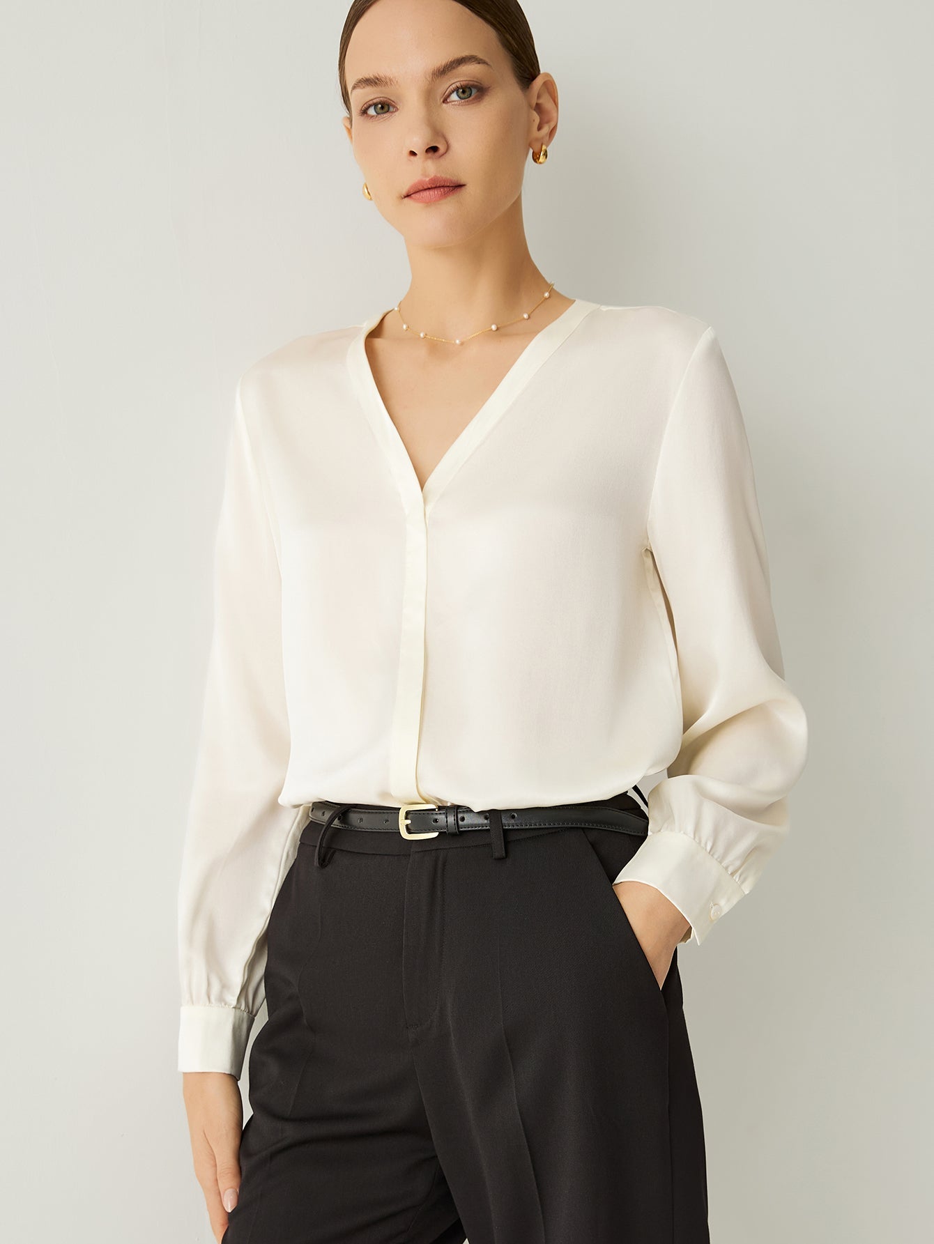 100% Silk V - Neck Bishop Sleeves Blouse - Callalina