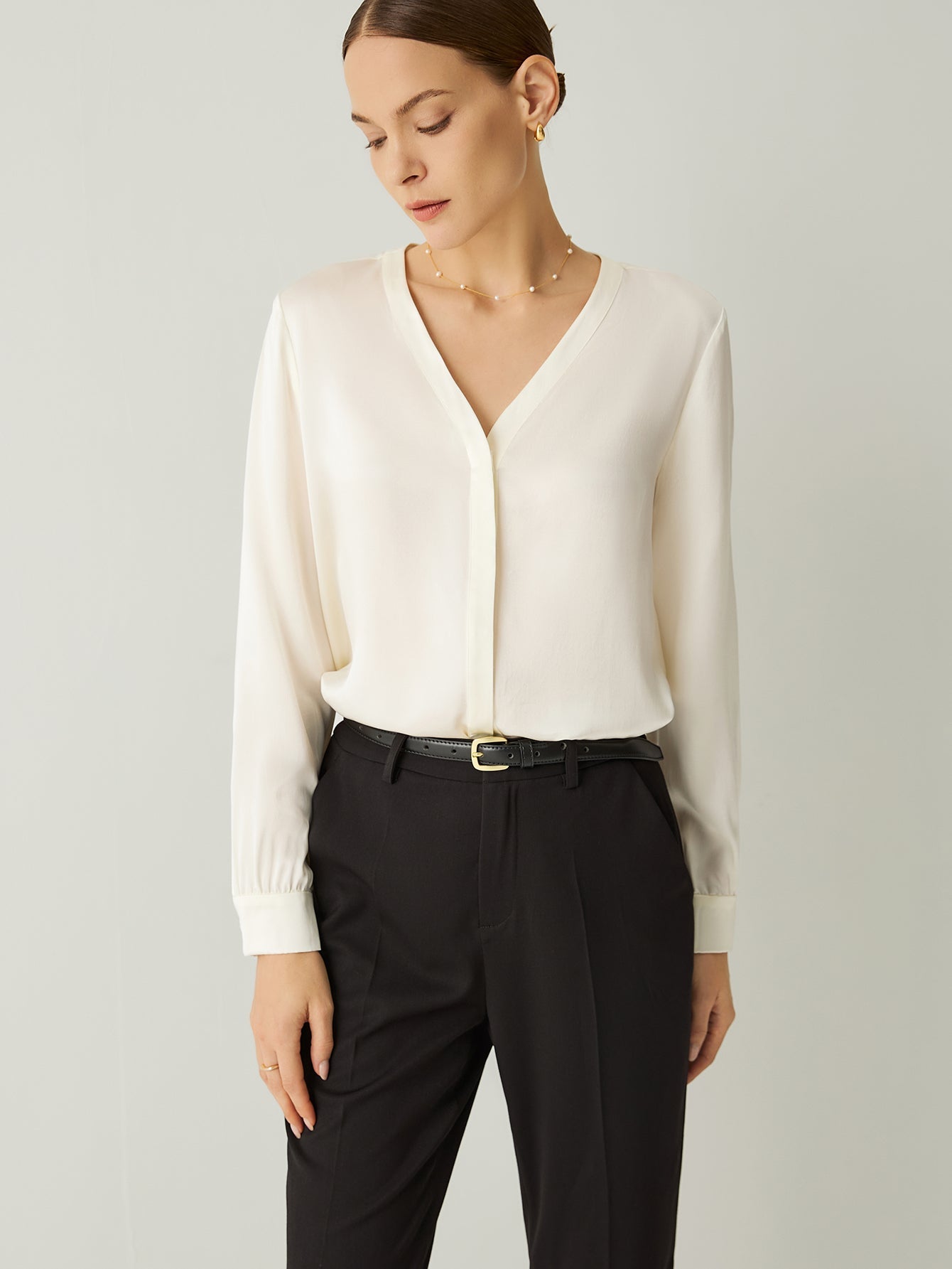 100% Silk V - Neck Bishop Sleeves Blouse - Callalina