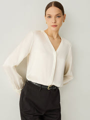 100% Silk V - Neck Bishop Sleeves Blouse - Callalina