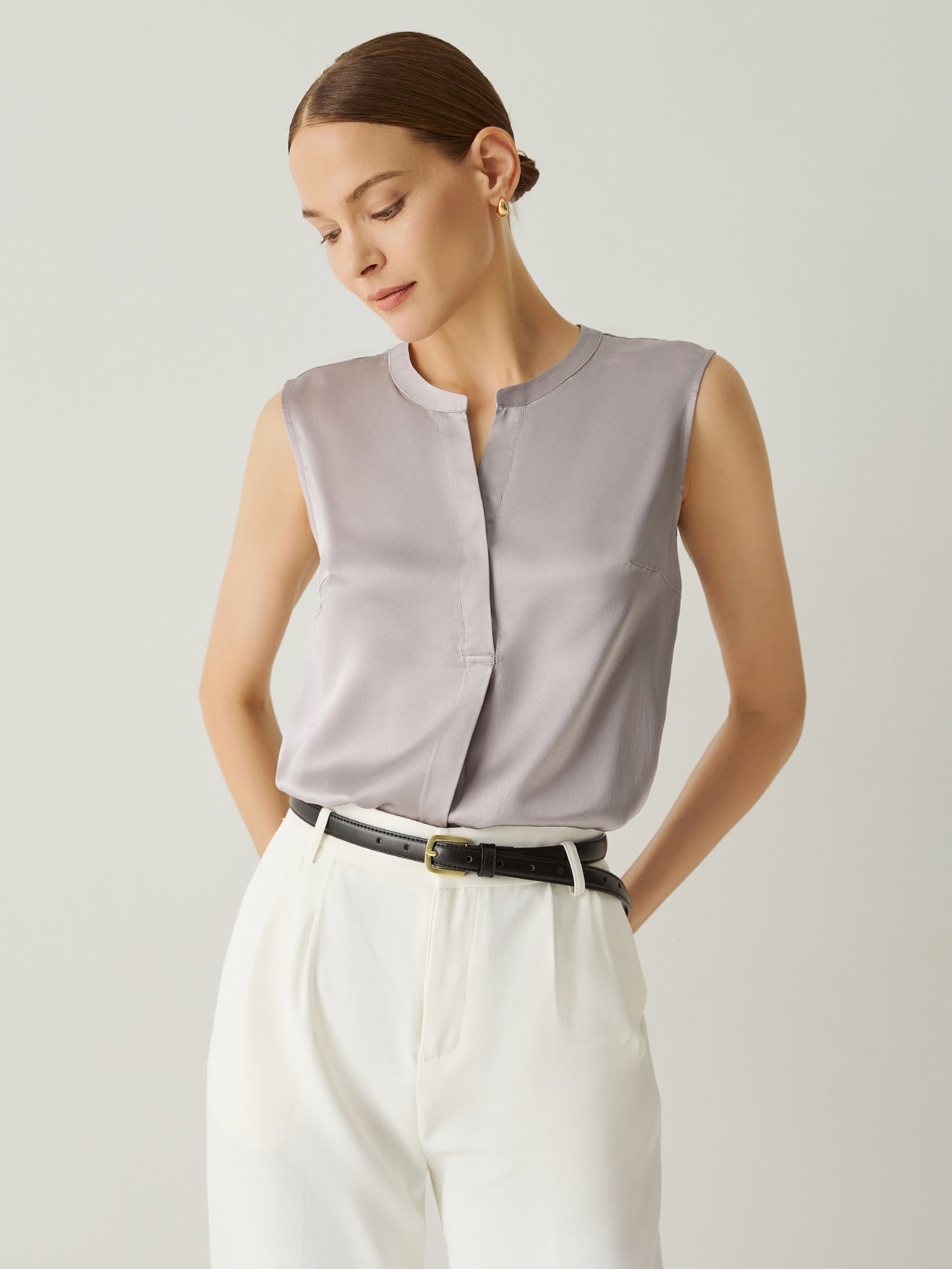 100% Silk V - Neck Sleeveless Relaxed Fit Blouse - Callalina