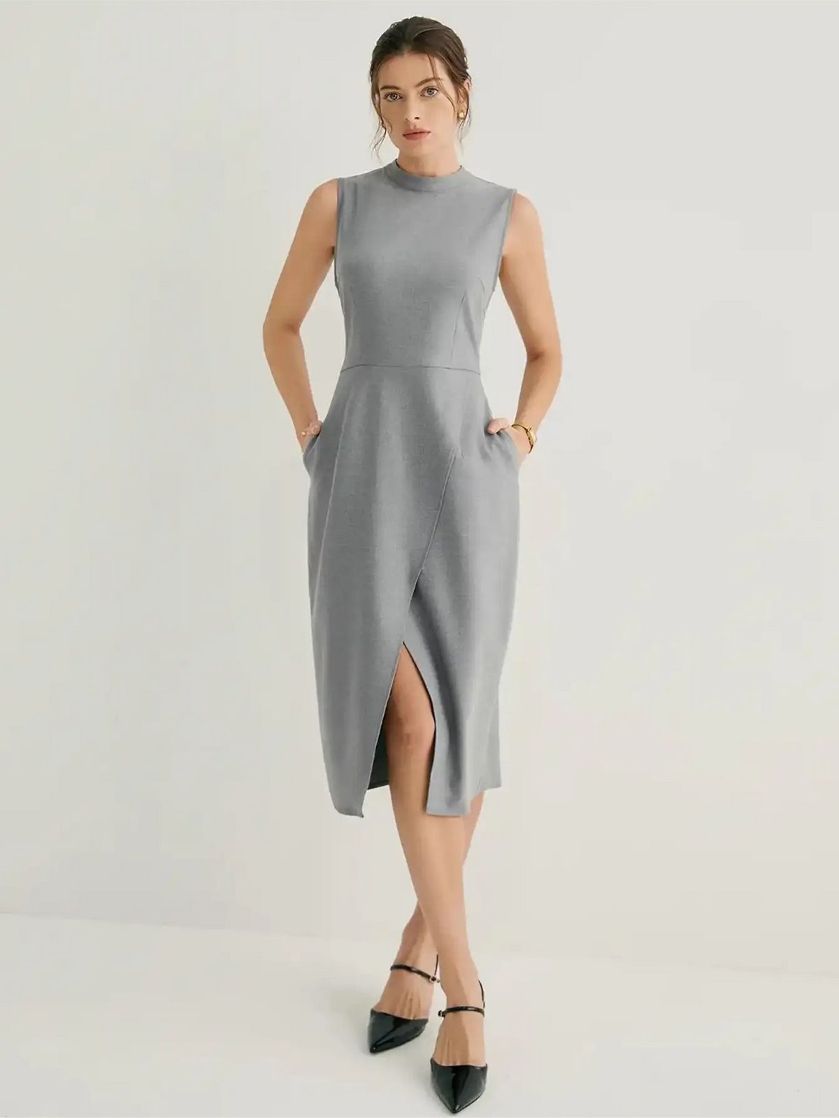 Cashmere-blend Mock Neck Slit Midi Dress