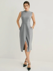 Cashmere-blend Mock Neck Slit Midi Dress