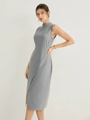 Cashmere-blend Mock Neck Slit Midi Dress