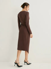 Jersey Knit Twist Waist V-Neck Midi Dress