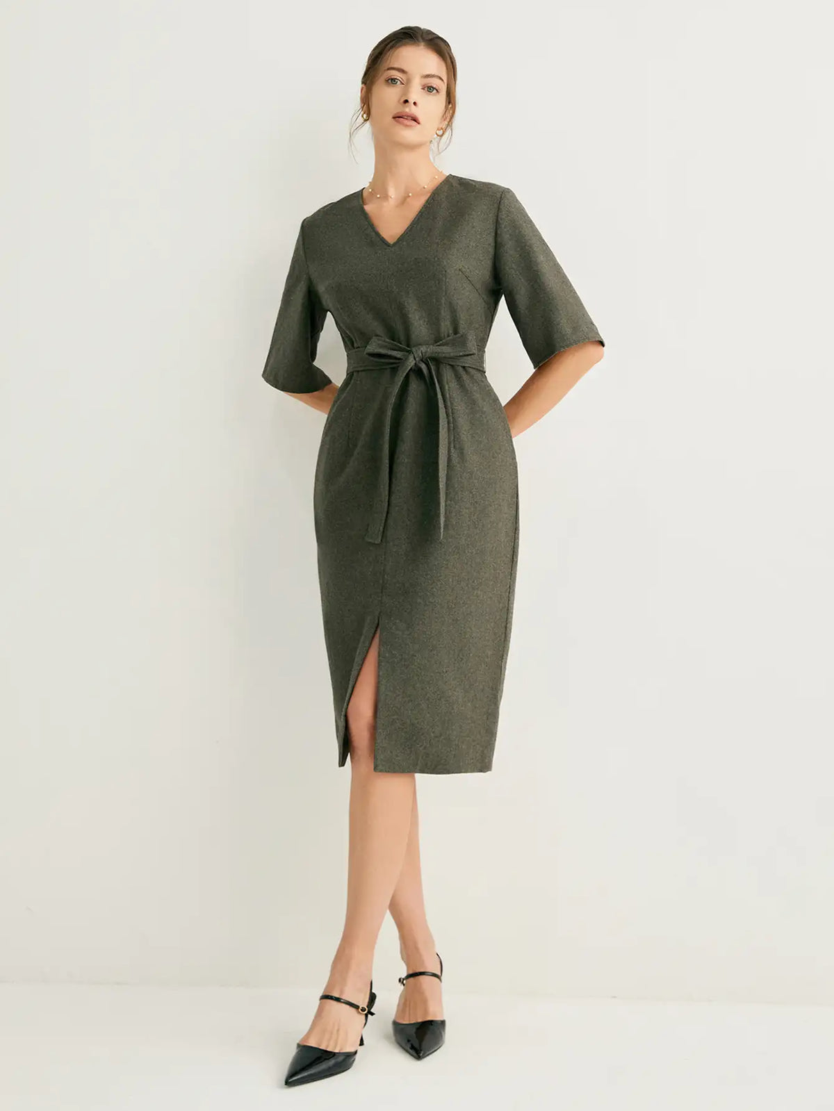 Wool-blend Flared Sleeves Slit Midi Dress With Belt