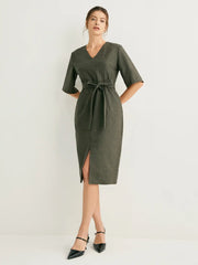 Wool-blend Flared Sleeves Slit Midi Dress With Belt